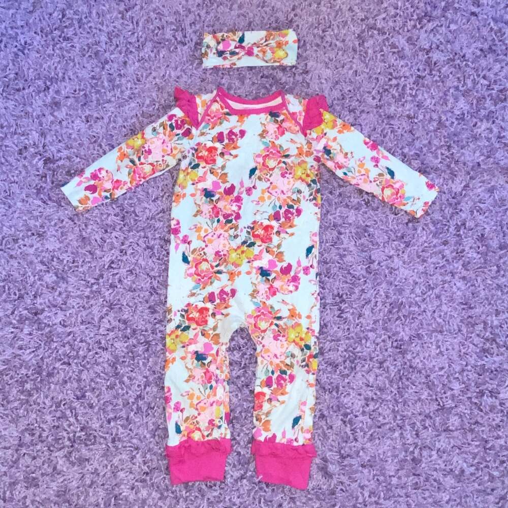 24m Ricrac & Ruffles Baby Girls Wild Whims Simply Soft Romper w/ Headband Set - Picture 2 of 6
